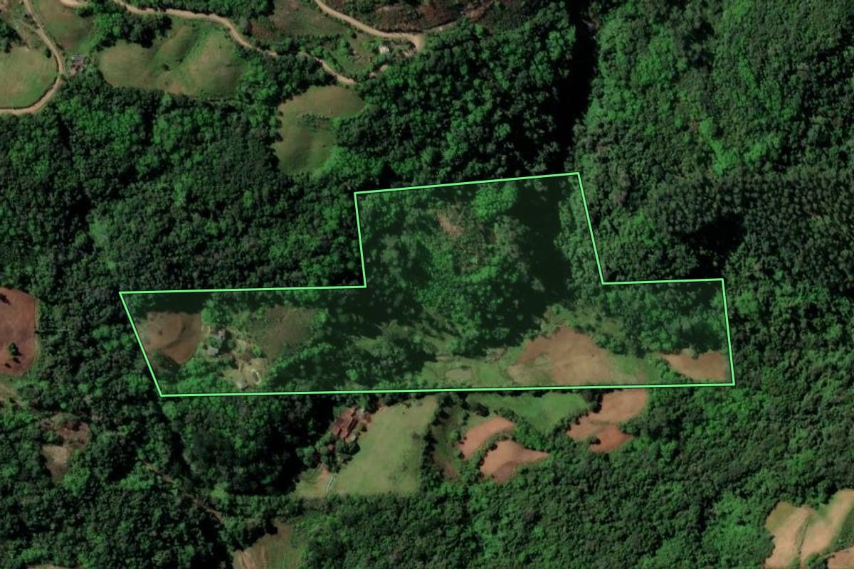 Imagem de satélite do imóvel rural em Sinimbu (RS), com o contorno declarado no CAR desenhado por cima.