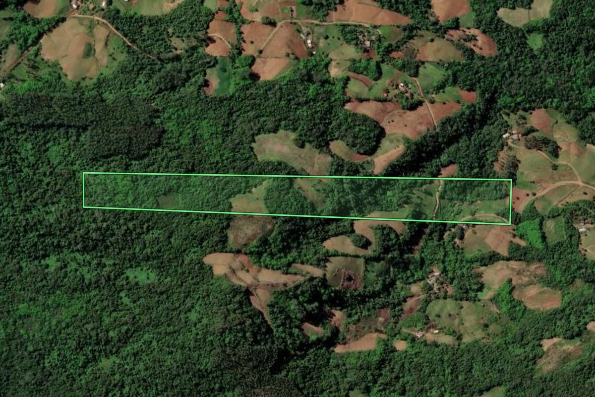 Imagem de satélite do imóvel rural em Sinimbu (RS), com o contorno declarado no CAR desenhado por cima.