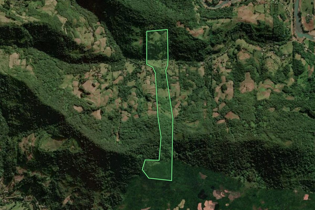 Imagem de satélite do imóvel rural em Sinimbu (RS), com o contorno declarado no CAR desenhado por cima.