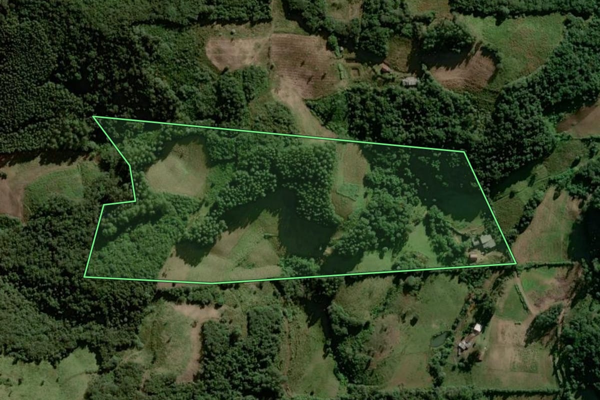 Imagem de satélite do imóvel rural em Sinimbu (RS), com o contorno declarado no CAR desenhado por cima.