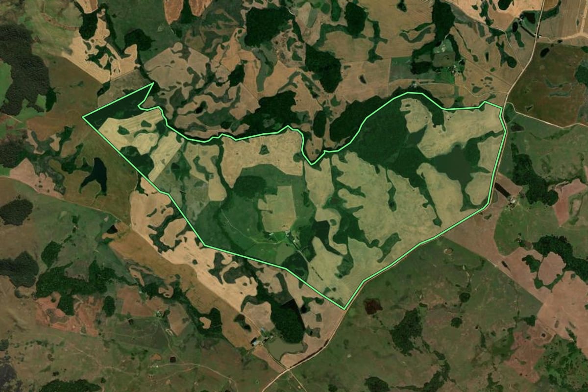 Imagem de satélite do imóvel rural em Soledade (RS), com o contorno declarado no CAR desenhado por cima.