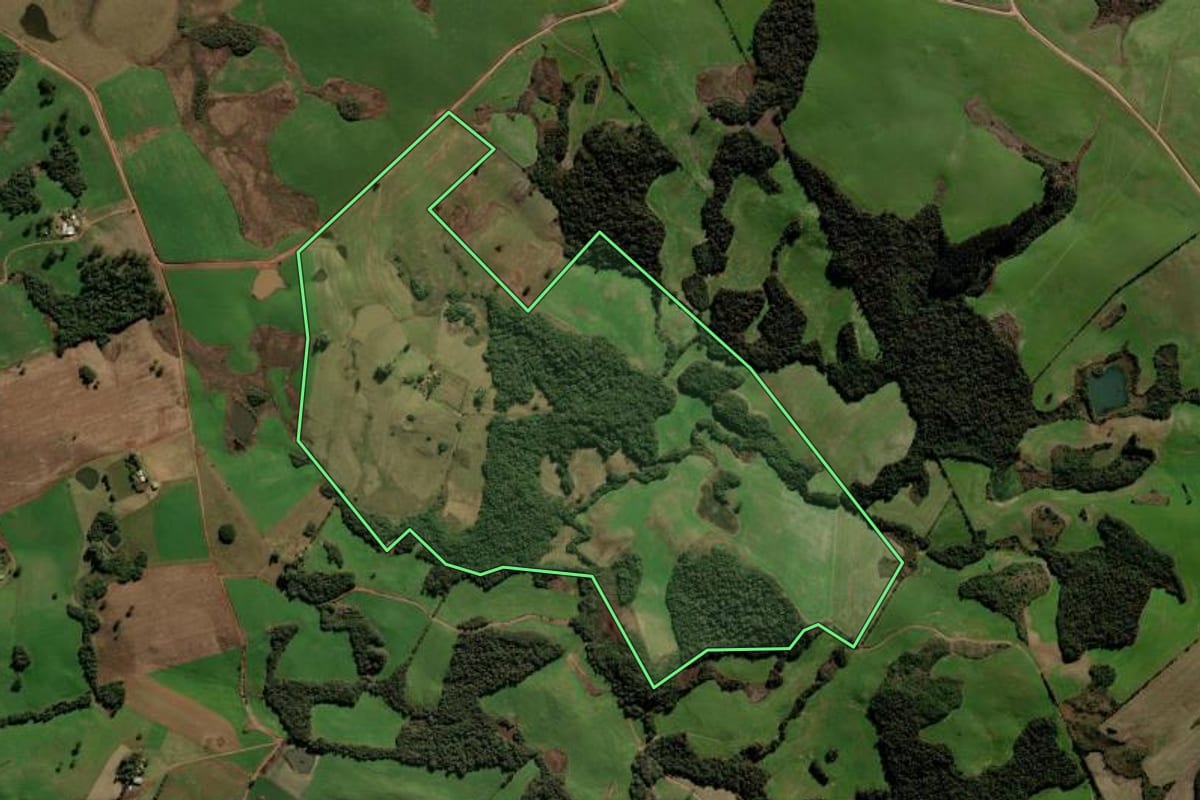 Imagem de satélite do imóvel rural em Soledade (RS), com o contorno declarado no CAR desenhado por cima.