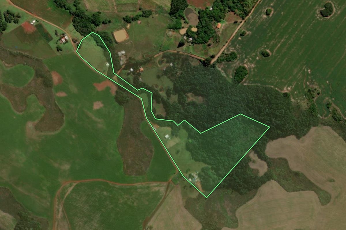 Imagem de satélite do imóvel rural em Soledade (RS), com o contorno declarado no CAR desenhado por cima.