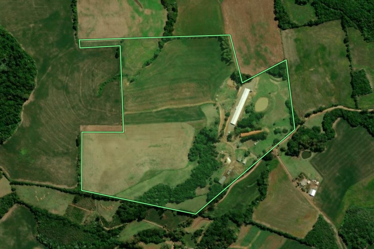 Imagem de satélite do imóvel rural em Soledade (RS), com o contorno declarado no CAR desenhado por cima.