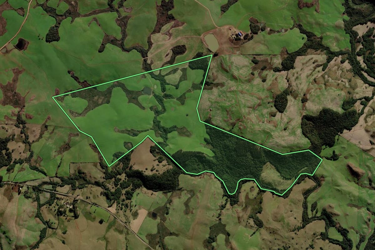 Imagem de satélite do imóvel rural em Soledade (RS), com o contorno declarado no CAR desenhado por cima.
