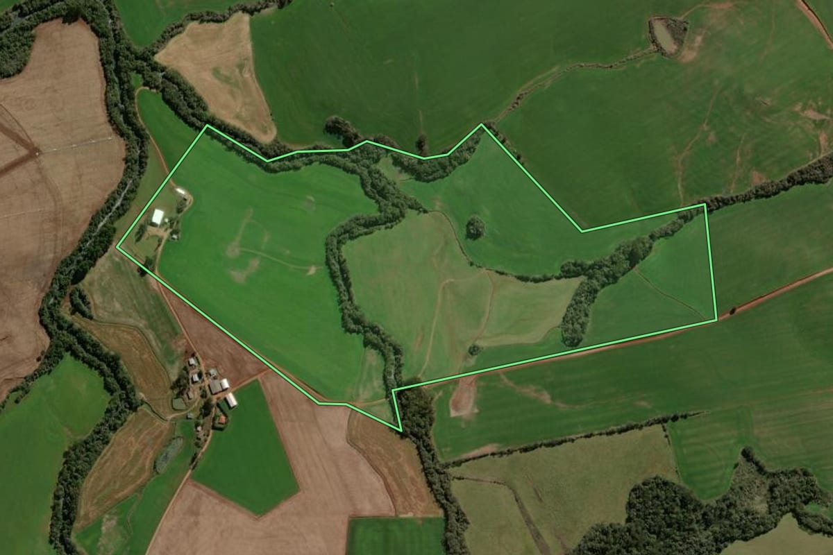 Imagem de satélite do imóvel rural em Soledade (RS), com o contorno declarado no CAR desenhado por cima.