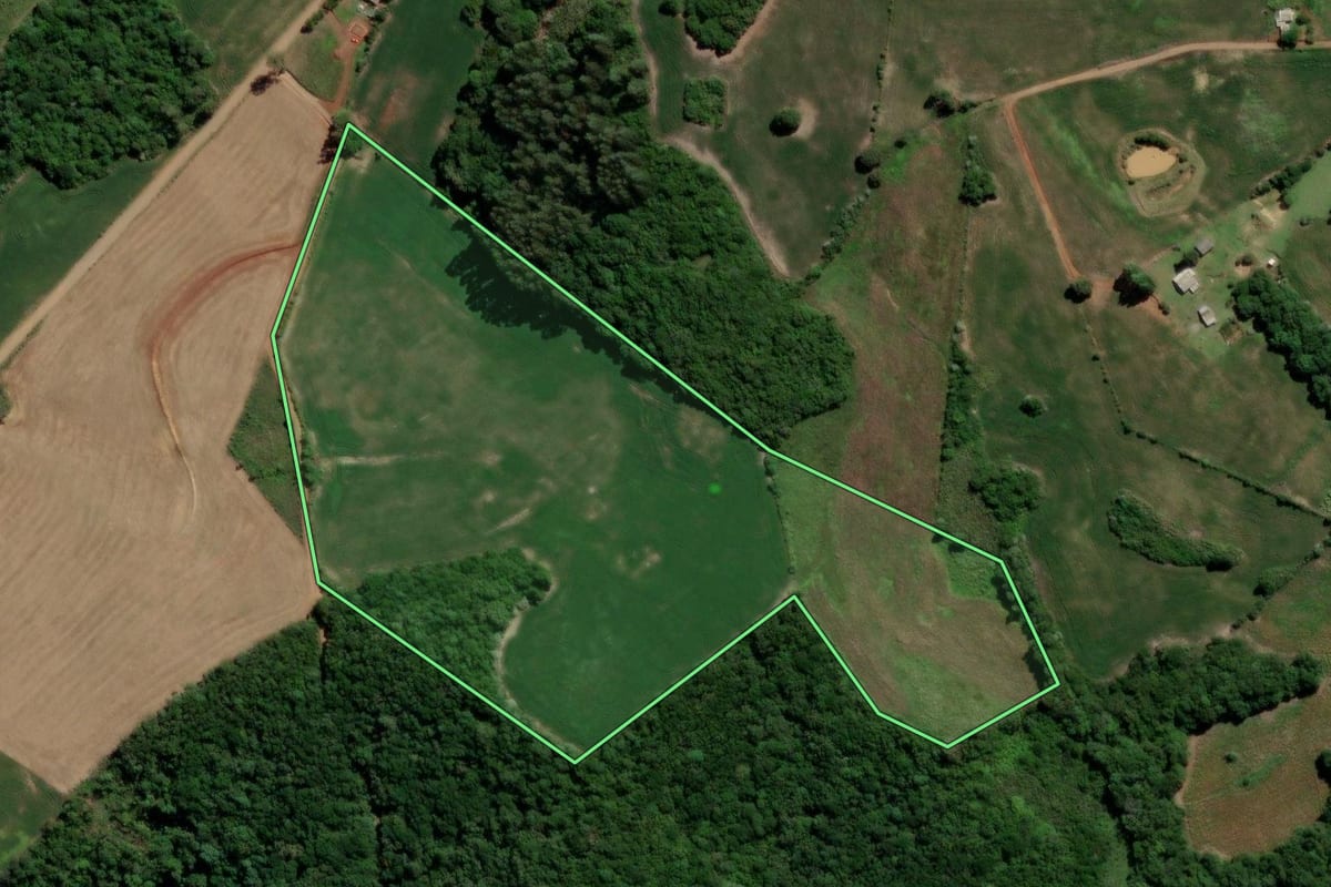 Imagem de satélite do imóvel rural em Soledade (RS), com o contorno declarado no CAR desenhado por cima.