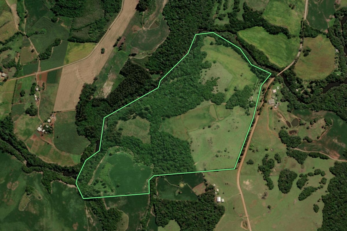 Imagem de satélite do imóvel rural em Soledade (RS), com o contorno declarado no CAR desenhado por cima.