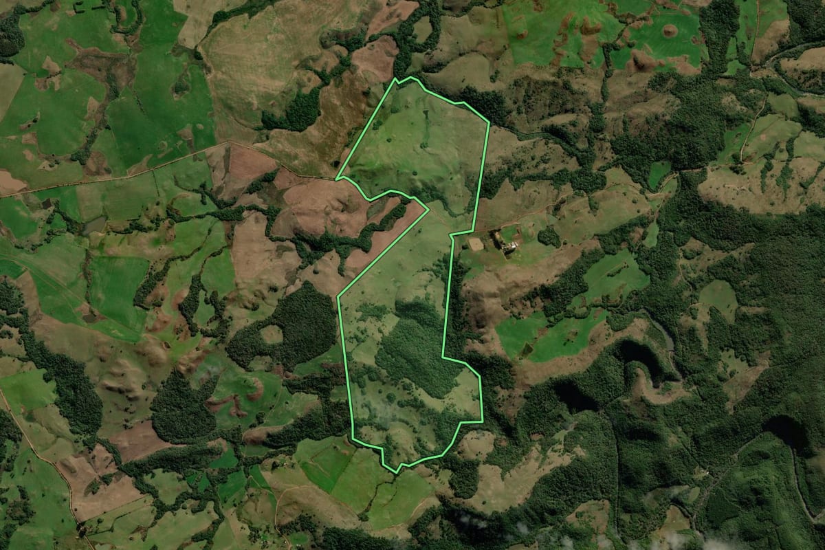 Imagem de satélite do imóvel rural em Soledade (RS), com o contorno declarado no CAR desenhado por cima.