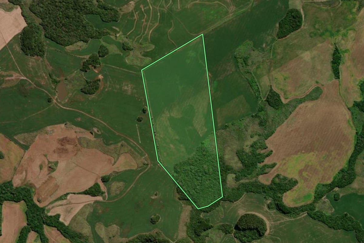 Imagem de satélite do imóvel rural em Soledade (RS), com o contorno declarado no CAR desenhado por cima.