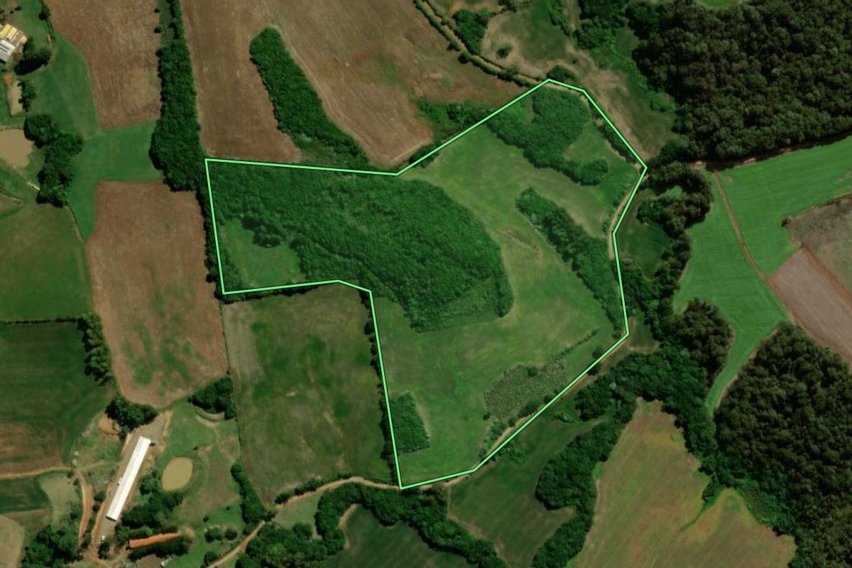 Imagem de satélite do imóvel rural em Soledade (RS), com o contorno declarado no CAR desenhado por cima.