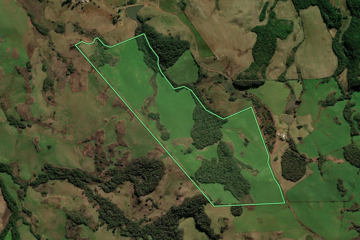 Imagem de satélite do imóvel rural em Soledade (RS), com o contorno declarado no CAR desenhado por cima.