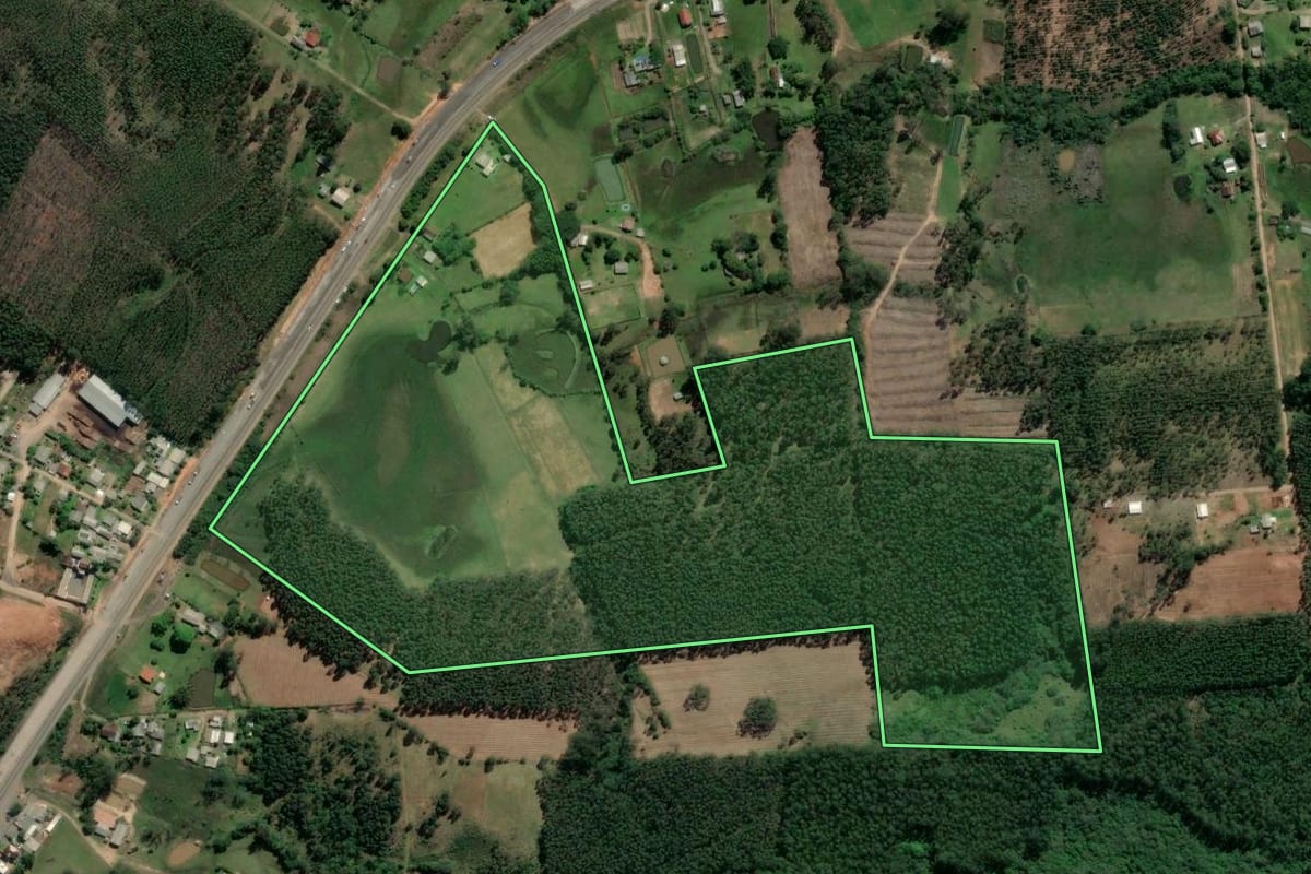 Imagem de satélite do imóvel rural em Tabaí (RS), com o contorno declarado no CAR desenhado por cima.