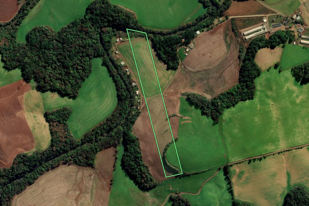 Imagem de satélite do imóvel rural em Tapejara (RS), com o contorno declarado no CAR desenhado por cima.