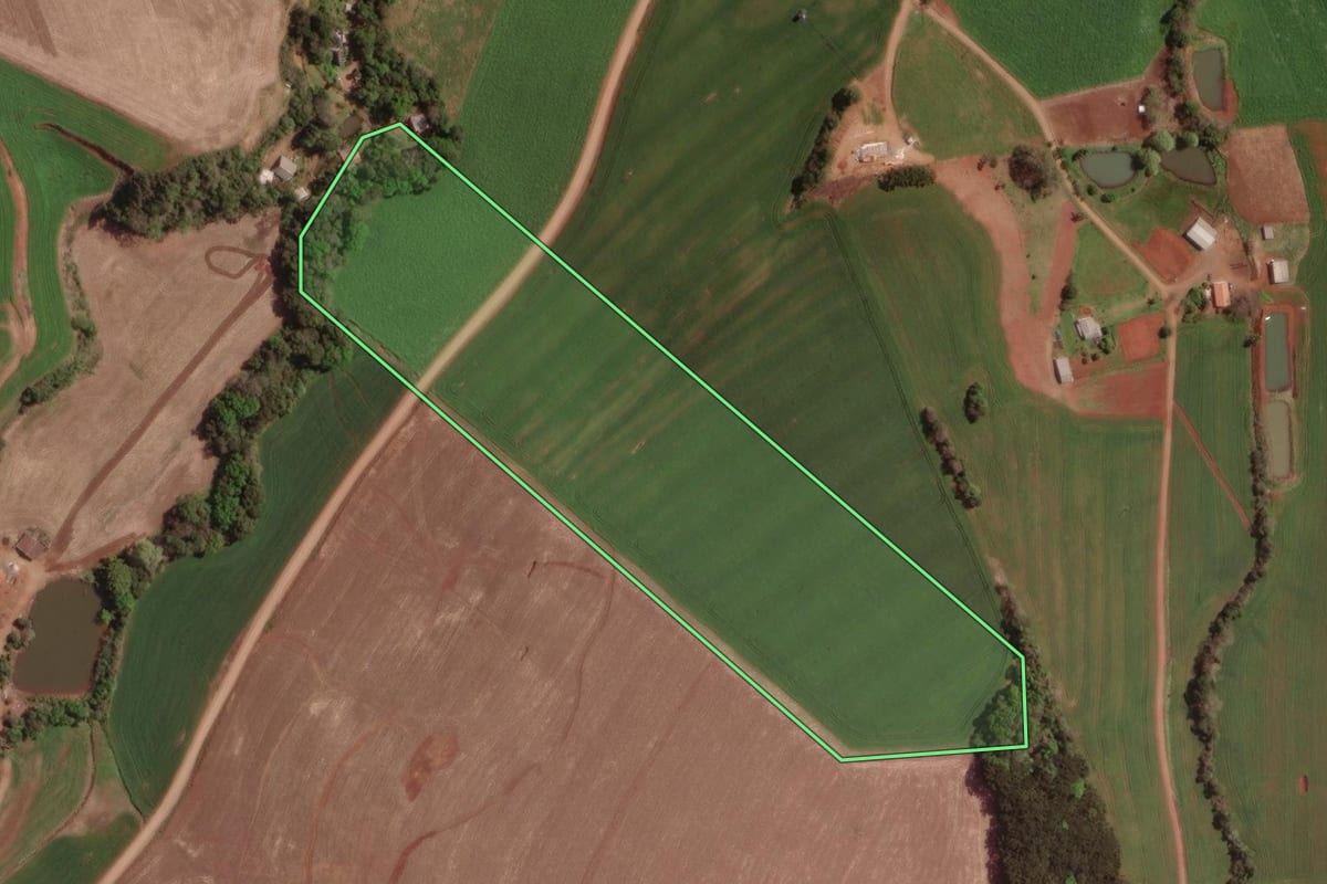 Imagem de satélite do imóvel rural em Tapejara (RS), com o contorno declarado no CAR desenhado por cima.