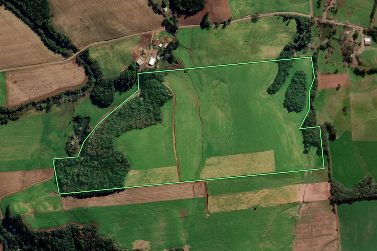 Imagem de satélite do imóvel rural em Tapejara (RS), com o contorno declarado no CAR desenhado por cima.