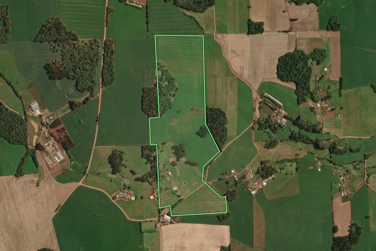 Imagem de satélite do imóvel rural em Tapejara (RS), com o contorno declarado no CAR desenhado por cima.