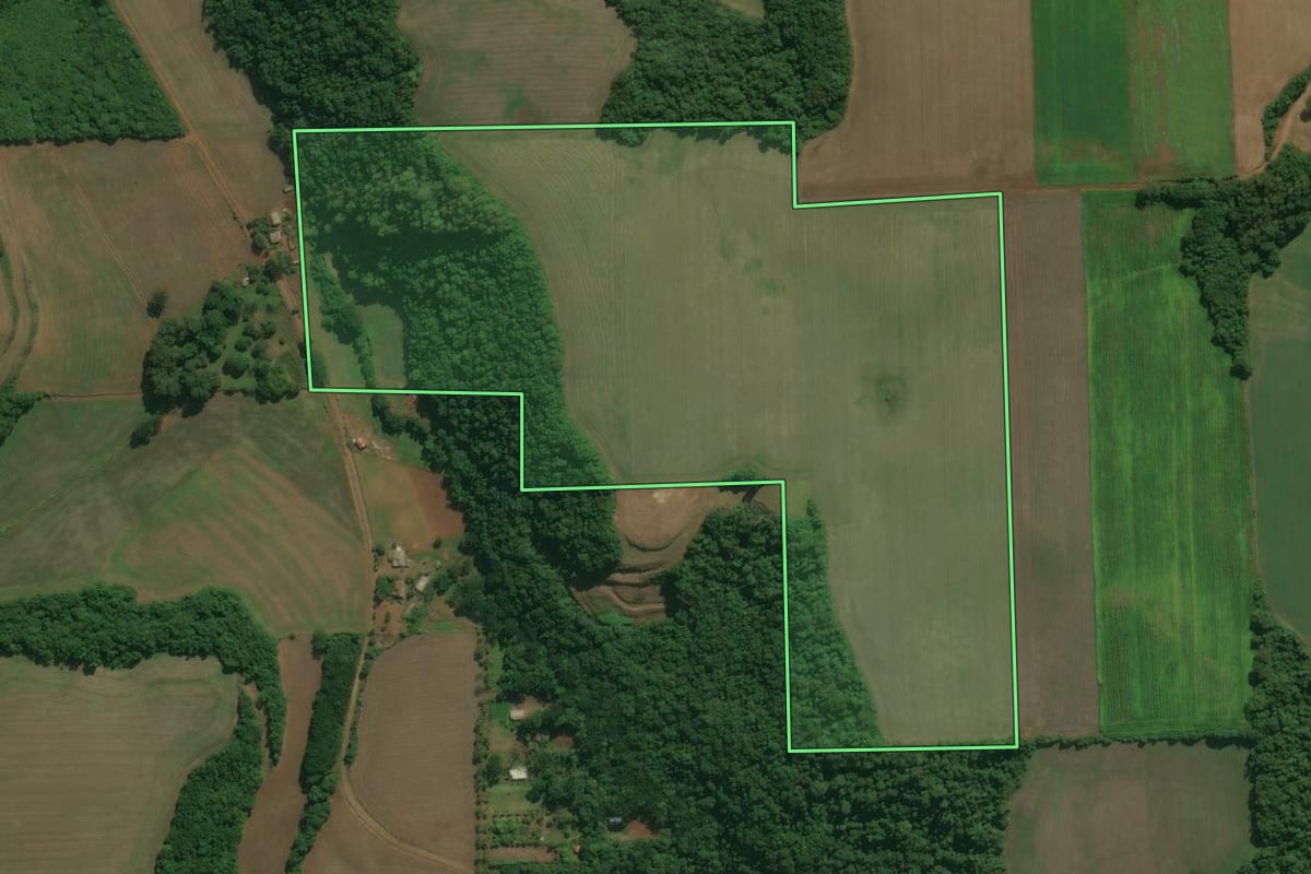 Imagem de satélite do imóvel rural em Tapejara (RS), com o contorno declarado no CAR desenhado por cima.