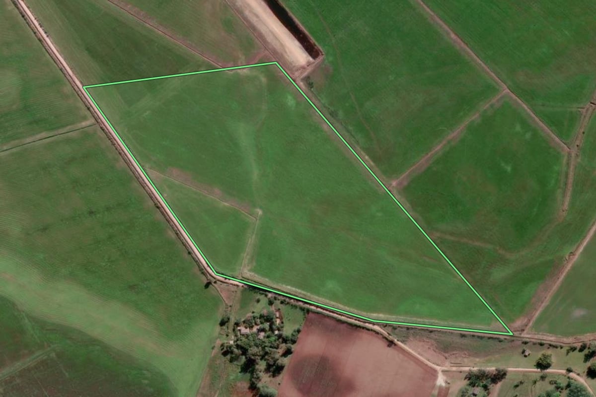 Imagem de satélite do imóvel rural em Tapes (RS), com o contorno declarado no CAR desenhado por cima.