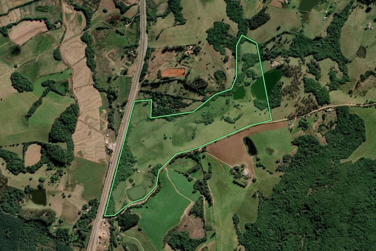 Imagem de satélite do imóvel rural em Tapes (RS), com o contorno declarado no CAR desenhado por cima.