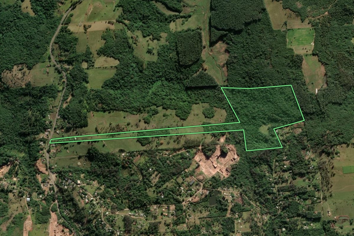 Imagem de satélite do imóvel rural em Taquara (RS), com o contorno declarado no CAR desenhado por cima.