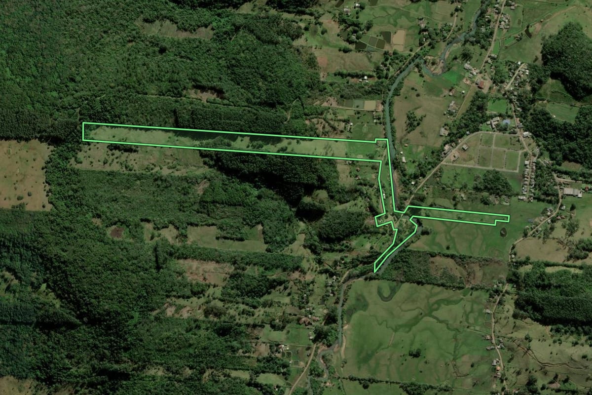 Imagem de satélite do imóvel rural em Taquara (RS), com o contorno declarado no CAR desenhado por cima.