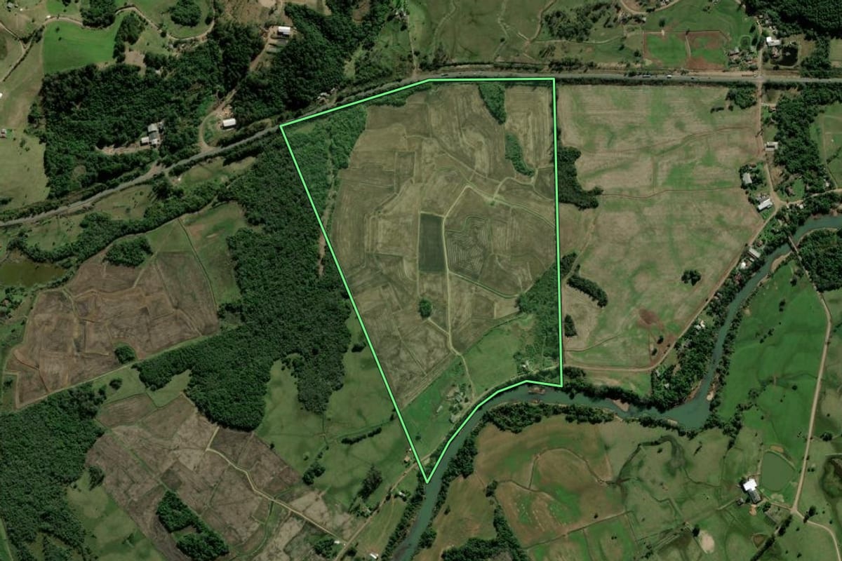Imagem de satélite do imóvel rural em Taquara (RS), com o contorno declarado no CAR desenhado por cima.