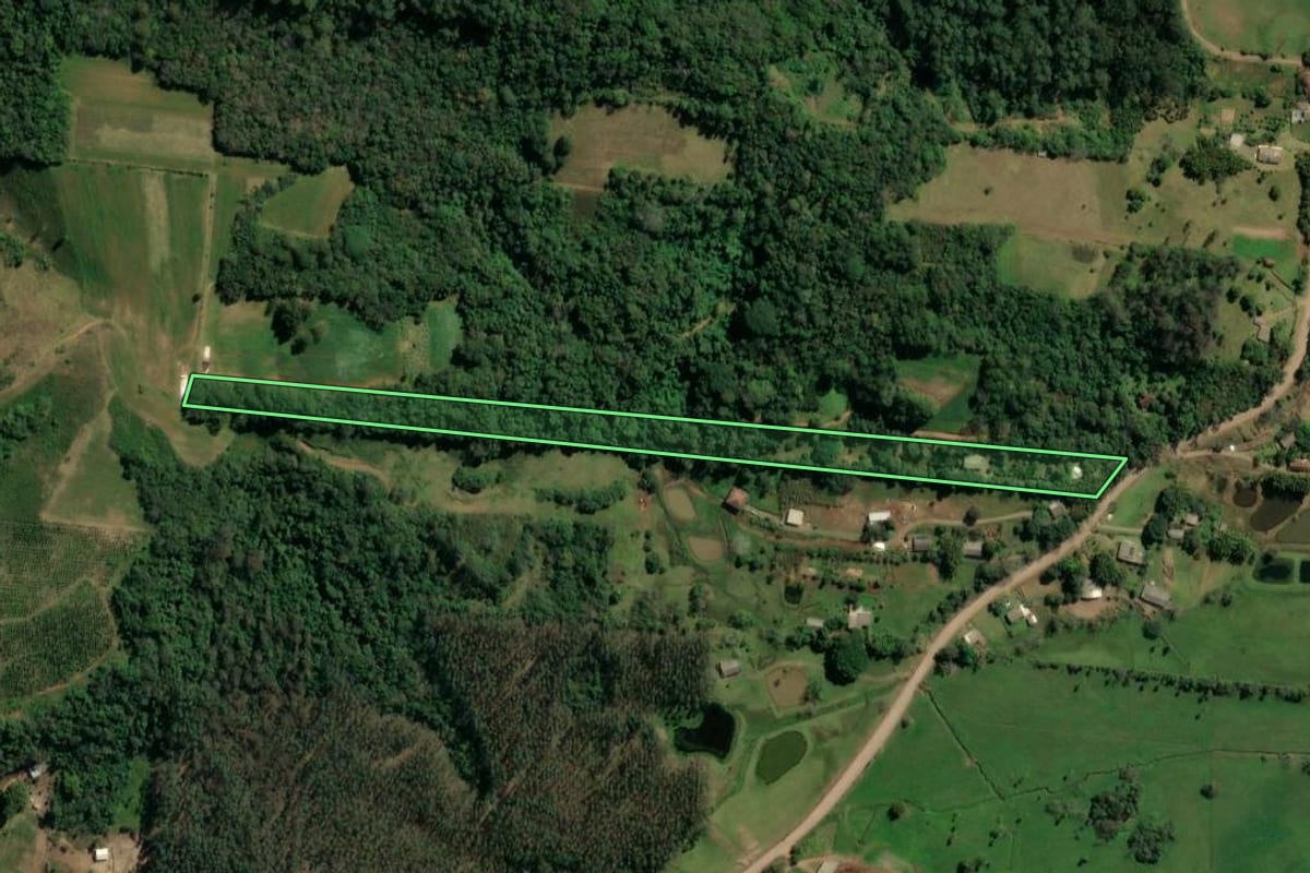 Imagem de satélite do imóvel rural em Taquara (RS), com o contorno declarado no CAR desenhado por cima.