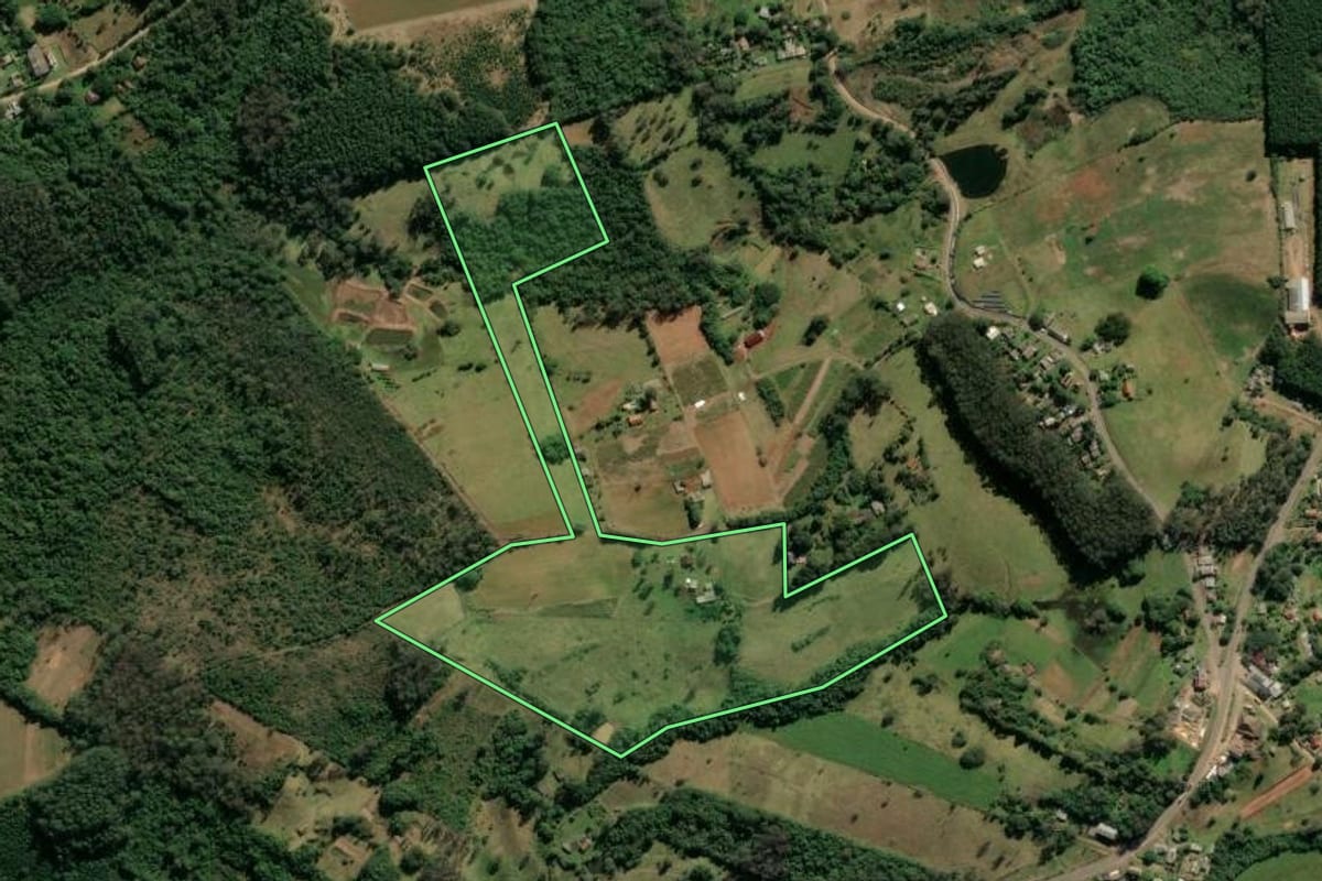 Imagem de satélite do imóvel rural em Taquara (RS), com o contorno declarado no CAR desenhado por cima.