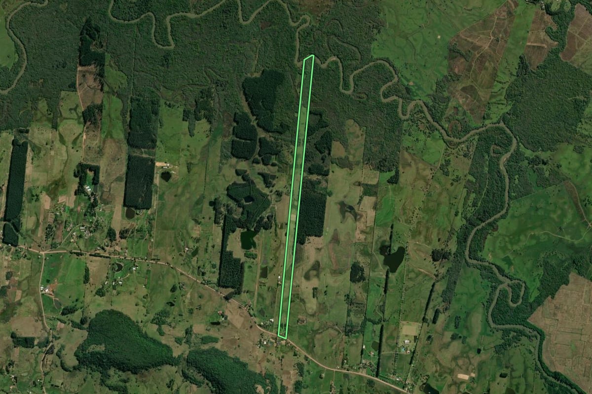 Imagem de satélite do imóvel rural em Taquara (RS), com o contorno declarado no CAR desenhado por cima.