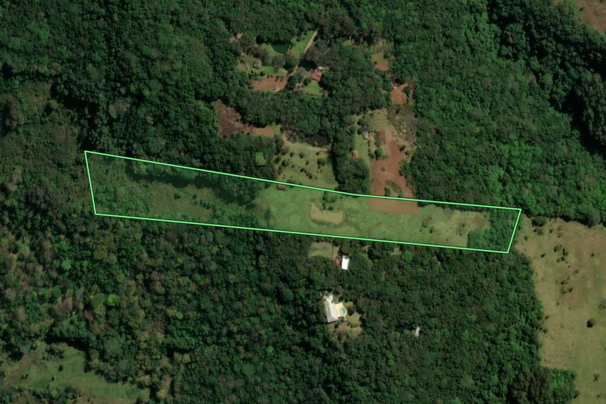 Imagem de satélite do imóvel rural em Taquara (RS), com o contorno declarado no CAR desenhado por cima.