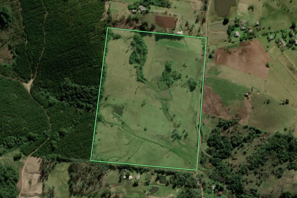 Imagem de satélite do imóvel rural em Taquara (RS), com o contorno declarado no CAR desenhado por cima.