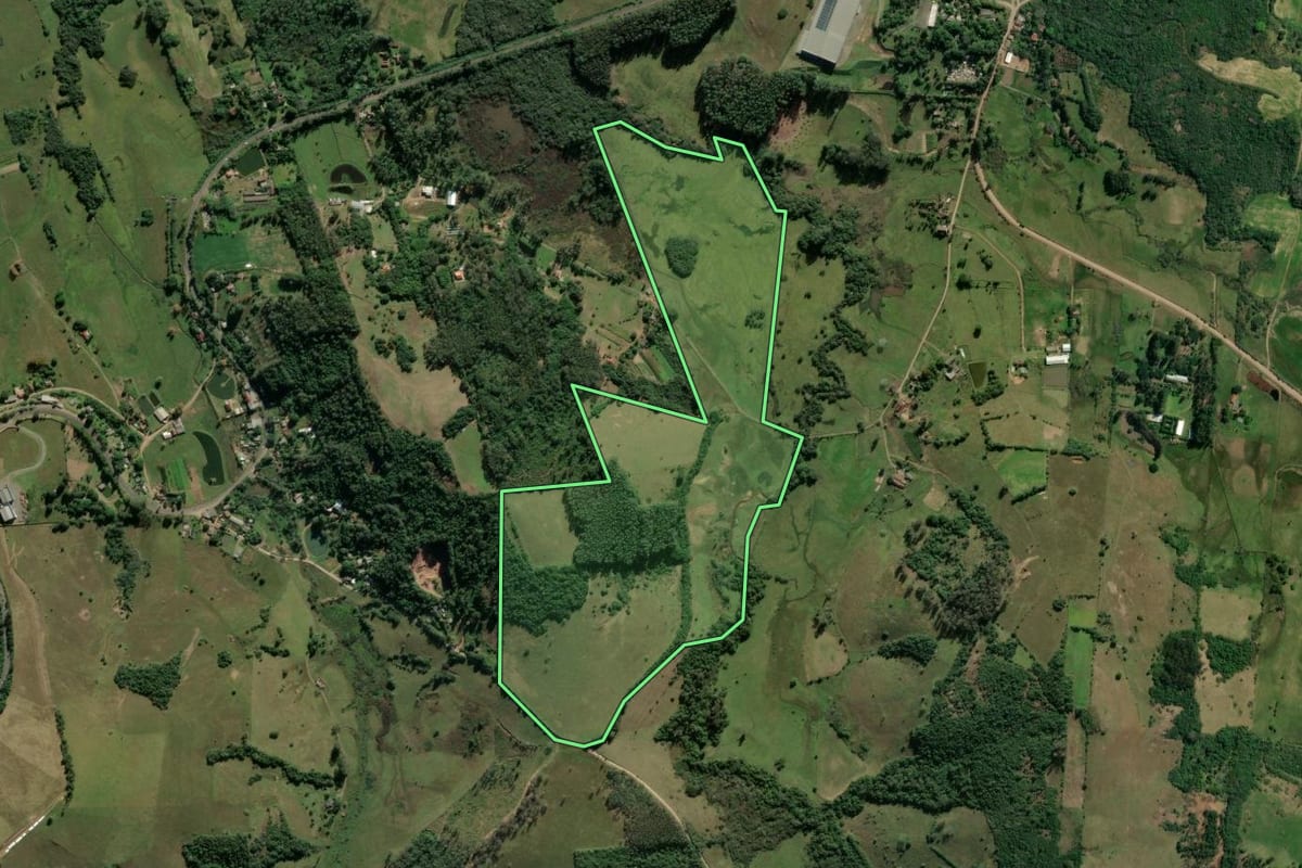 Imagem de satélite do imóvel rural em Taquara (RS), com o contorno declarado no CAR desenhado por cima.