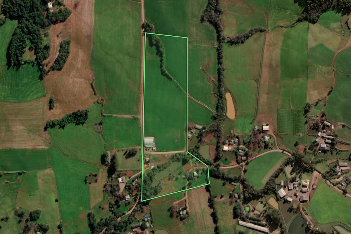 Imagem de satélite do imóvel rural em Taquaruçu do Sul (RS), com o contorno declarado no CAR desenhado por cima.