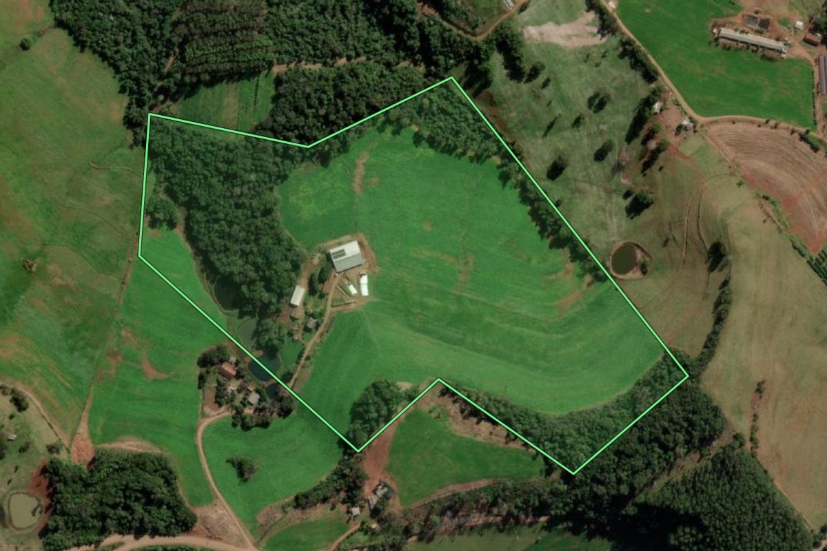 Imagem de satélite do imóvel rural em Taquaruçu do Sul (RS), com o contorno declarado no CAR desenhado por cima.