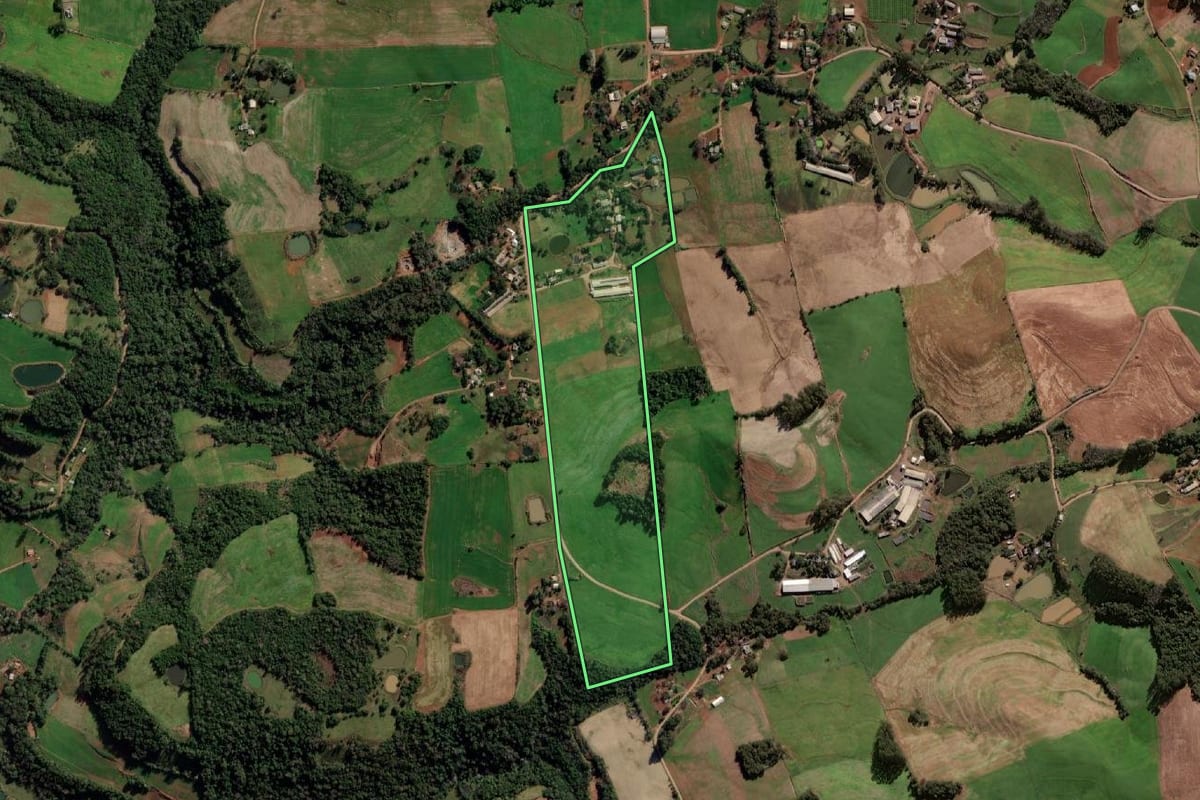 Imagem de satélite do imóvel rural em Taquaruçu do Sul (RS), com o contorno declarado no CAR desenhado por cima.