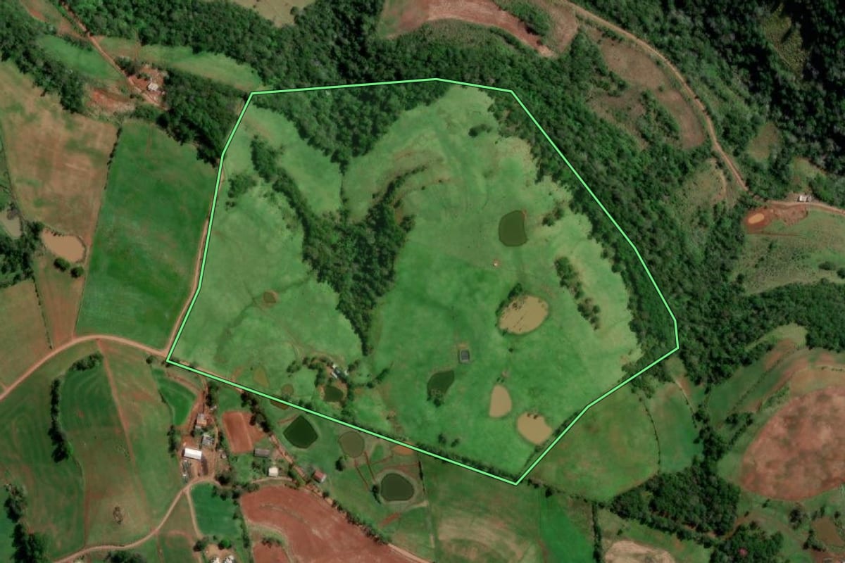Imagem de satélite do imóvel rural em Taquaruçu do Sul (RS), com o contorno declarado no CAR desenhado por cima.