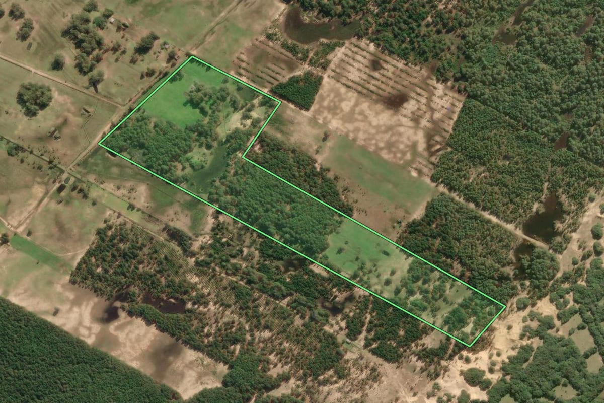 Imagem de satélite do imóvel rural em Tavares (RS), com o contorno declarado no CAR desenhado por cima.