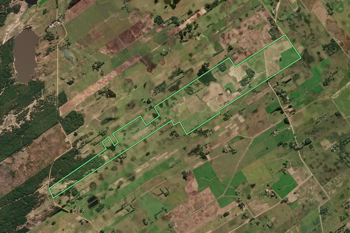 Imagem de satélite do imóvel rural em Tavares (RS), com o contorno declarado no CAR desenhado por cima.
