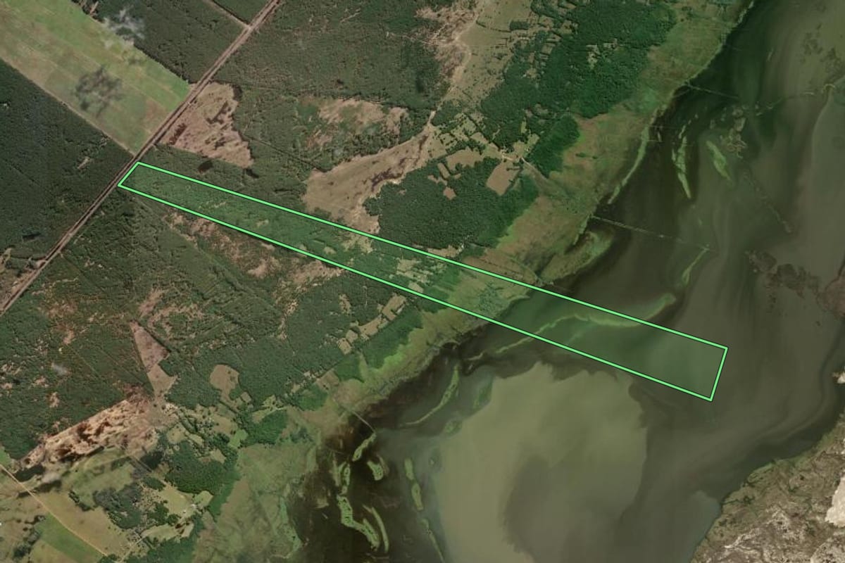 Imagem de satélite do imóvel rural em Tavares (RS), com o contorno declarado no CAR desenhado por cima.