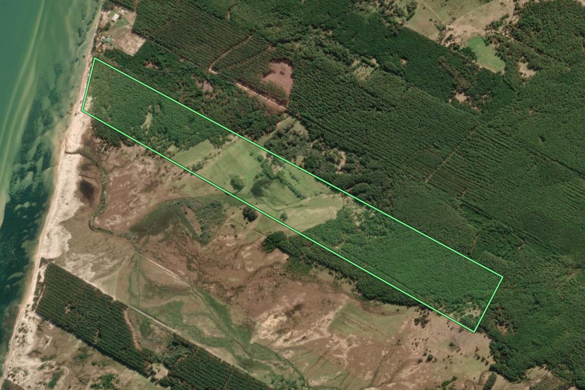 Imagem de satélite do imóvel rural em Tavares (RS), com o contorno declarado no CAR desenhado por cima.