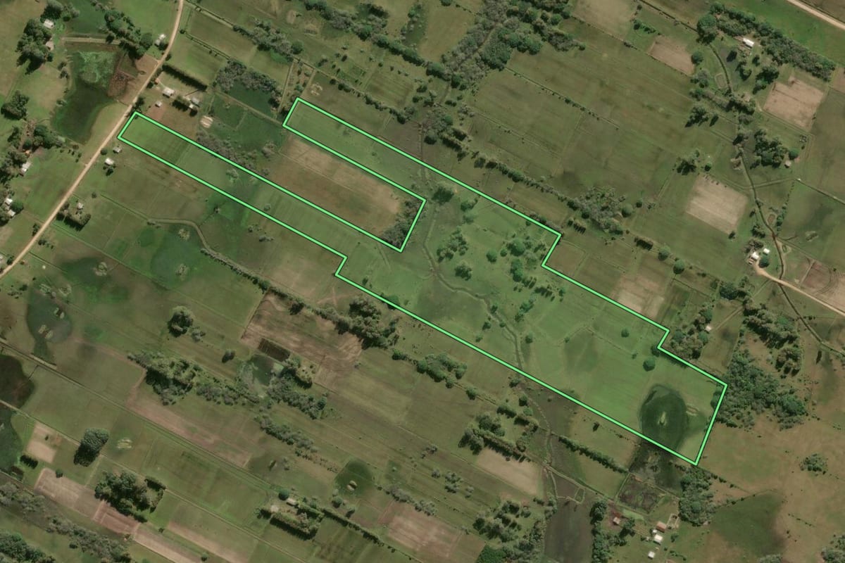 Imagem de satélite do imóvel rural em Tavares (RS), com o contorno declarado no CAR desenhado por cima.