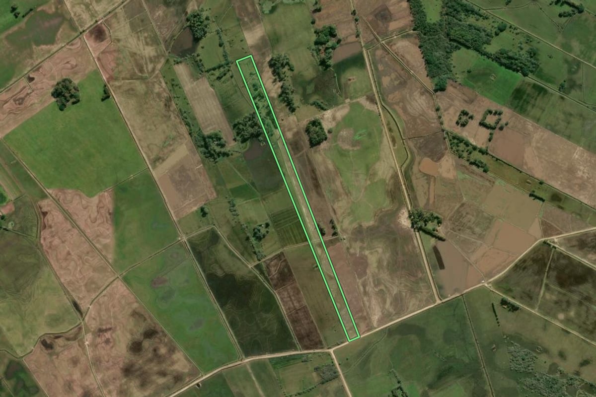Imagem de satélite do imóvel rural em Tavares (RS), com o contorno declarado no CAR desenhado por cima.