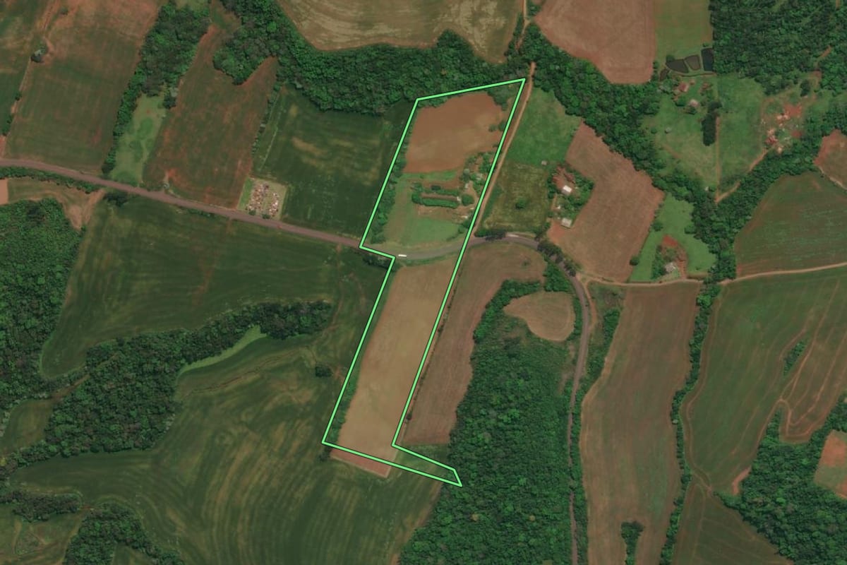 Imagem de satélite do imóvel rural em Tenente Portela (RS), com o contorno declarado no CAR desenhado por cima.