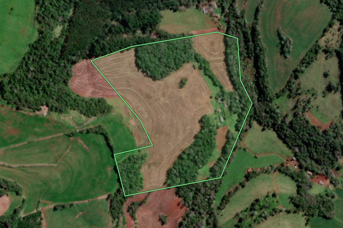 Imagem de satélite do imóvel rural em Tenente Portela (RS), com o contorno declarado no CAR desenhado por cima.
