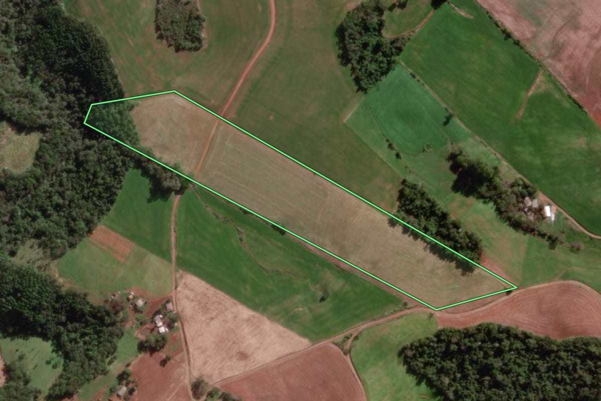 Imagem de satélite do imóvel rural em Tenente Portela (RS), com o contorno declarado no CAR desenhado por cima.