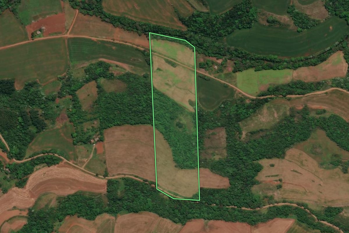 Imagem de satélite do imóvel rural em Tenente Portela (RS), com o contorno declarado no CAR desenhado por cima.