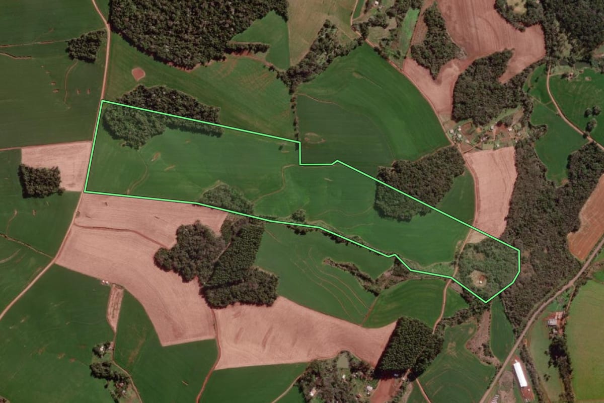 Imagem de satélite do imóvel rural em Tenente Portela (RS), com o contorno declarado no CAR desenhado por cima.