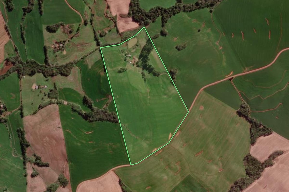 Imagem de satélite do imóvel rural em Tenente Portela (RS), com o contorno declarado no CAR desenhado por cima.