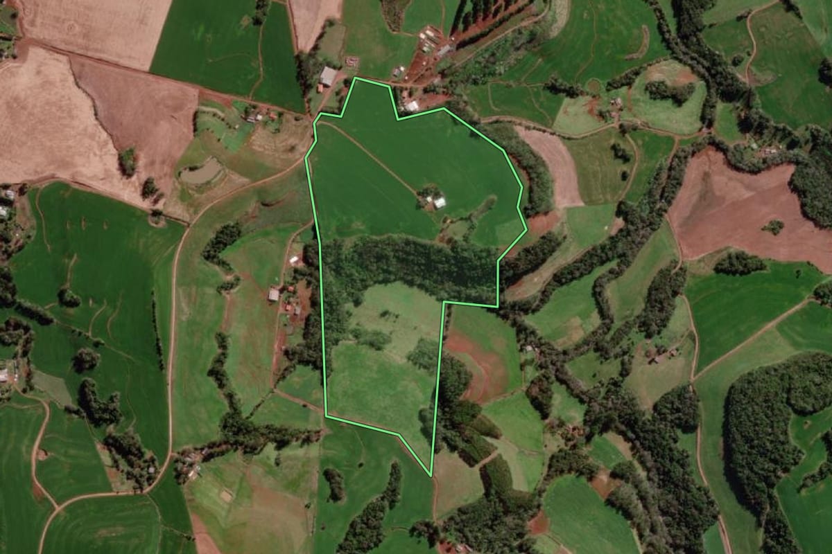 Imagem de satélite do imóvel rural em Tenente Portela (RS), com o contorno declarado no CAR desenhado por cima.